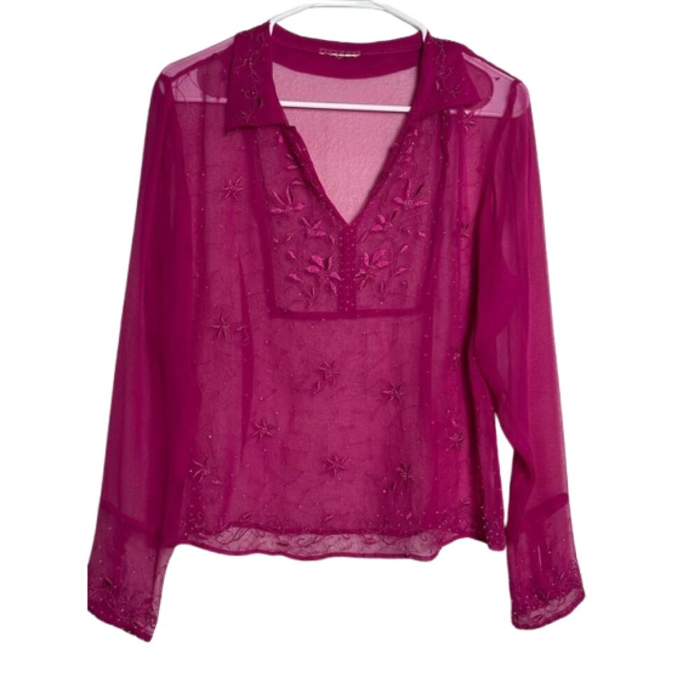 Vintage ECI Chiffon Silk Beaded Top Womens M Floral Bell Sleeve Fairycore Boho